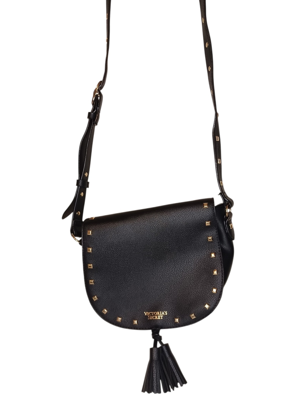 Victoria's Secret Black Leather Handbag With Studded Shoulder Strap
